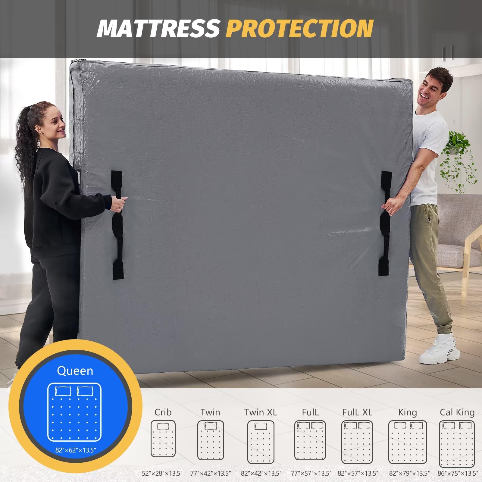 Mattress Bags for Moving and Storage, BETU Twin Mattress Protector Waterproof Mattress Cover with 8 Heavy Duty Handles and Zipper Extra Thick Moving Supplies for Dorm Bed (2 Pack:77x42x13.5 Grey)