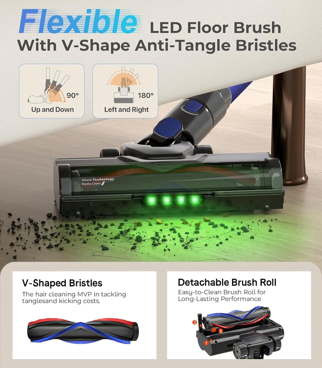 Skiennix Cordless Vacuum Cleaner - 550W, 50KPa Suction, 45 Minutes Runtime | Self-Standing, Anti-Tangle Brush, LED Display for Hardwood, Carpet, Pet Hair