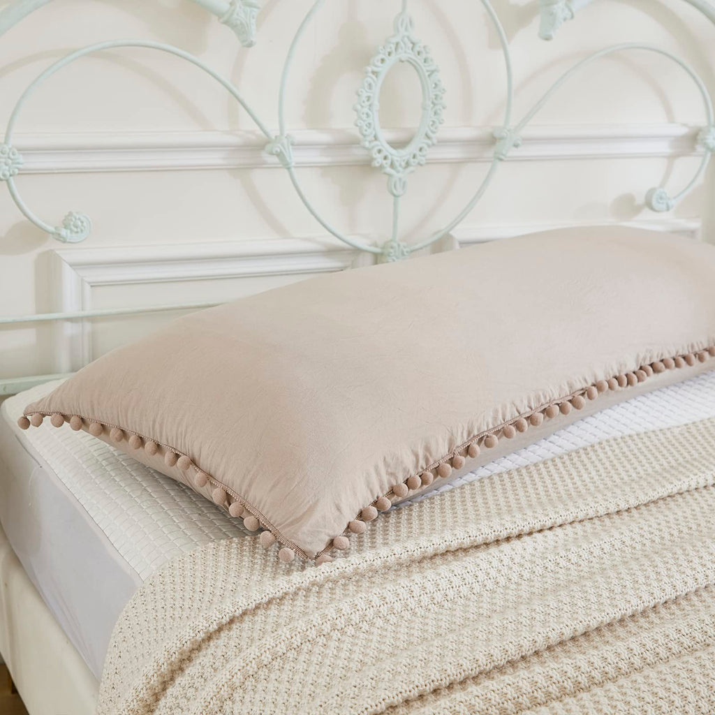 Taupe Body Pillow Cover 20x54 Boho Chic Pom Poms Fringe Decor Light Khaki Body Pillow Case Cover with Pocket Closure