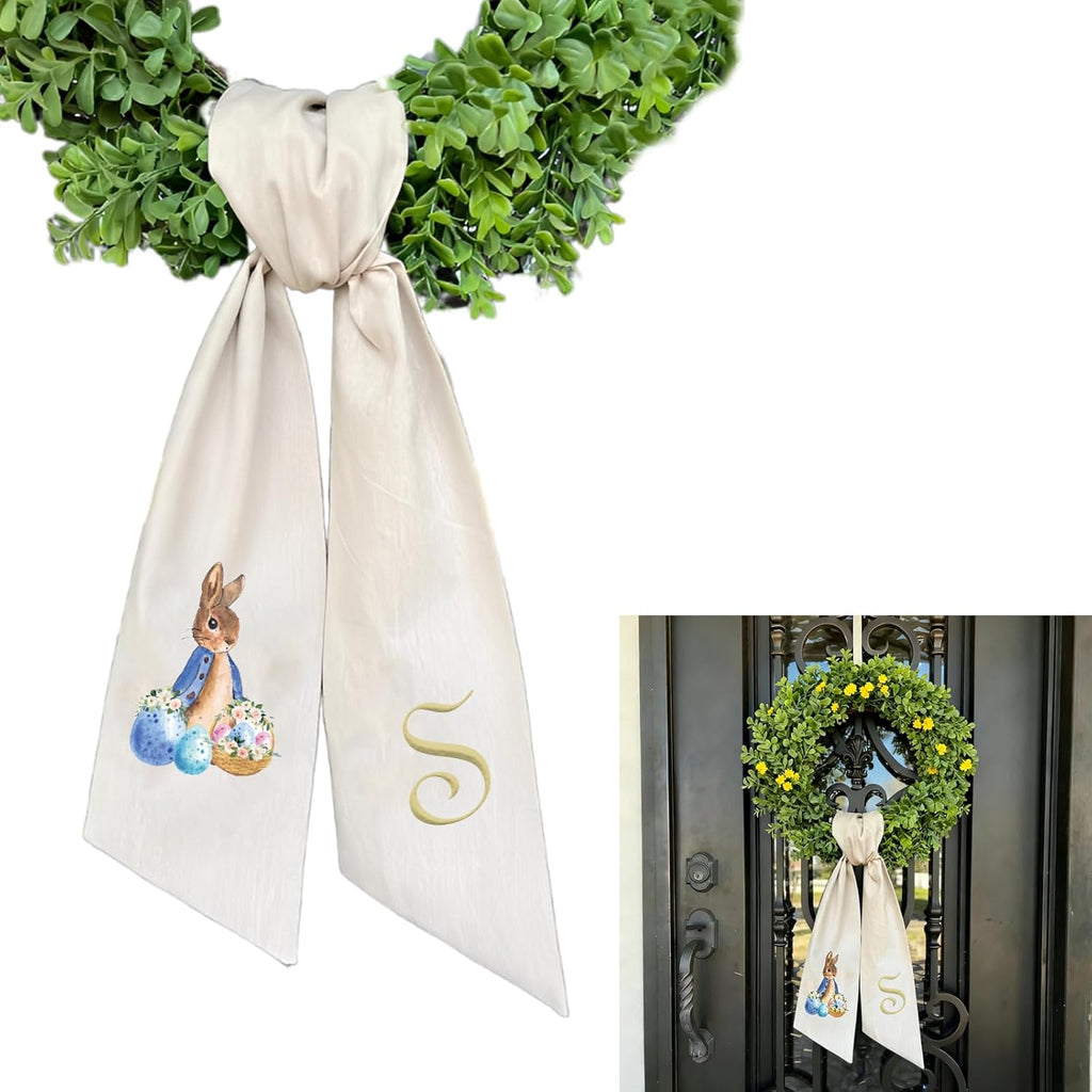 Skiennix Rabbit Easter Wreath - Custom Embroidered Monogram Bunny Sash for Front Door Decor (Small)
