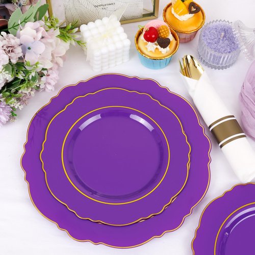 Liacere 350PCS Purple Plastic Plates-Disposable Purple and Gold Plates 50 guest Baroque Plastic Dinnerware include 100Plates,50Pack Pre Rolled Napkins with Silverware 50Cups for Halloween