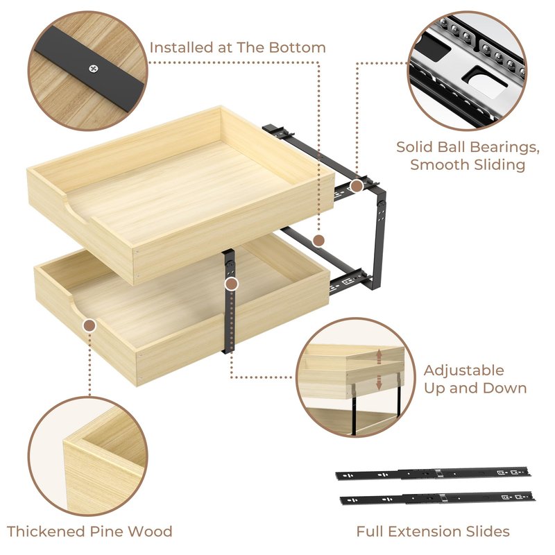 COOLBEBE Pull Out Drawer Organizer for Cabinets, 2 Tier Soft Close Cabinet Drawers Slide Out, 2 Layer Wood Double Tier Pull Out Shelves for Kitchen, Pantry, Bathroom