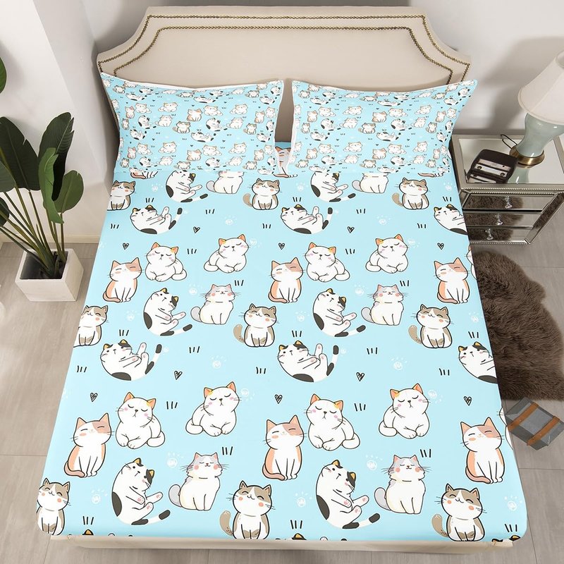 Erosebridal Cat Sheet Sets King, Kawaii Garfield Persian Cat Flat Sheet for Kids Boys Girls, Paw Print Love Heart Bed Sheets, Cartoon Animals Soft Fitted Sheet 4 Pieces, Blue