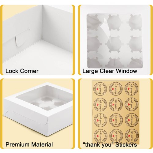 POPUFUN 9-Count White Cupcake Boxes with Window and Insert, 9x9x3 Inch, Set of 8, Suitable for Cupcakes, Muffins, and Cookies