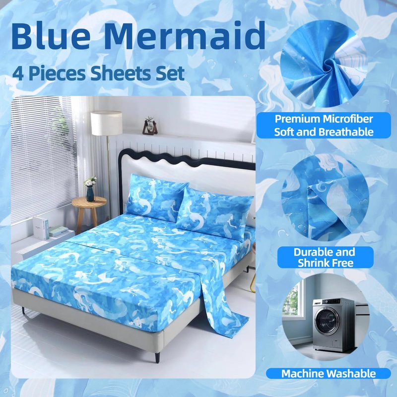 SDIII 4PCS Blue Mermaid Queen Sheets Set, Soft Microfiber Princess Sheets Set Queen, Blue Mermaid Bed Sheet for Girls Kids and Teens, Deep Pocket