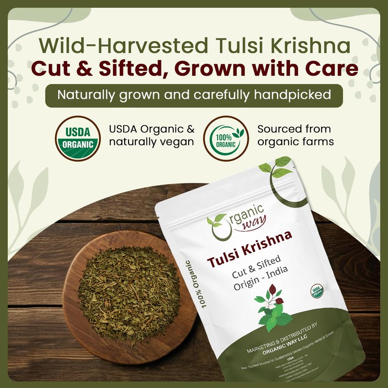 Organic Way Tulsi/Holy Basil (Krishna) Cut & Sifted (Ocimum Tenuiflorum) - Herbal Tea | Organic & Kosher Certified | Raw, Vegan, Non GMO & Gluten Free | USDA Certified | Origin - India (1LBS / 16Oz)