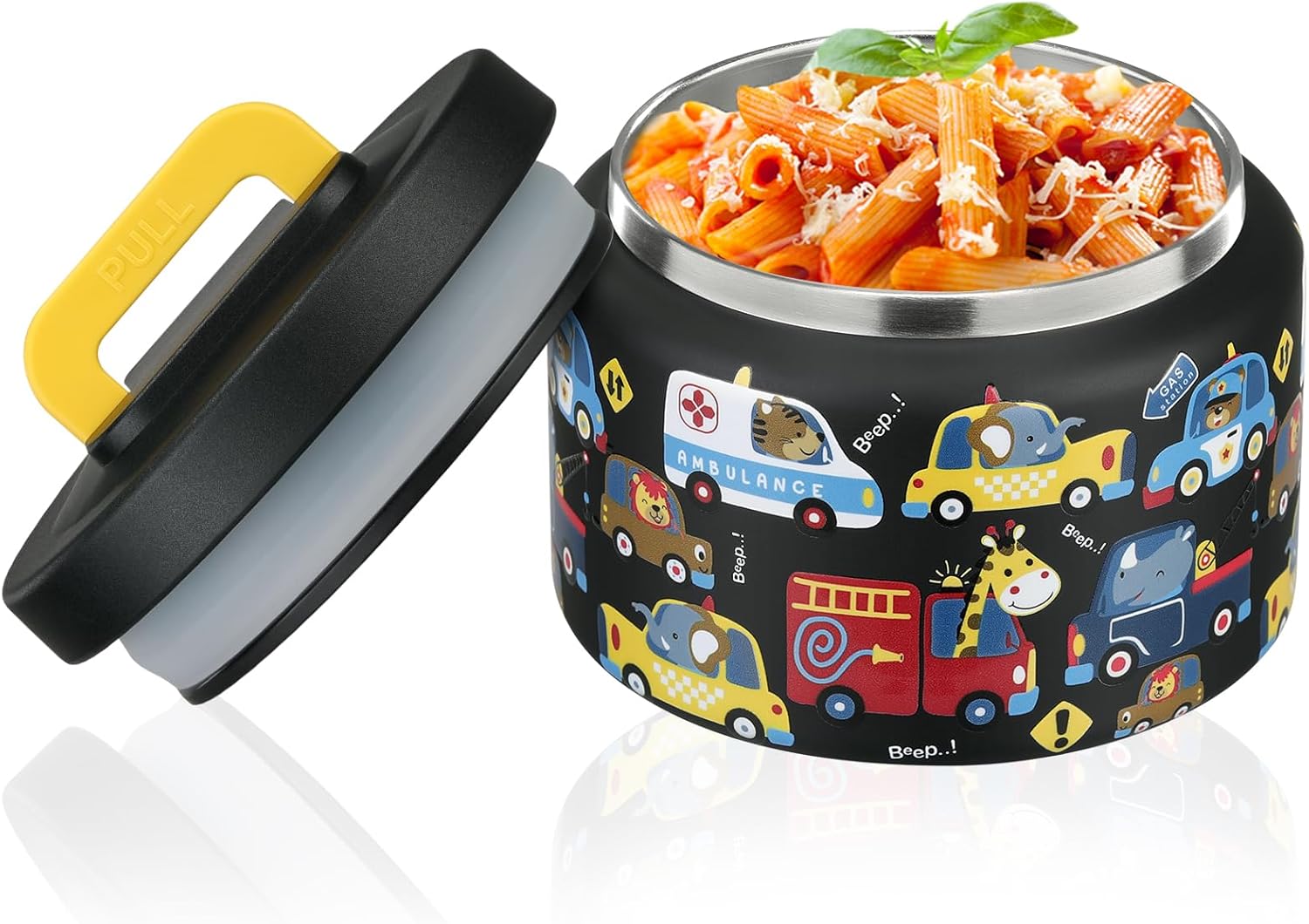 PIQUEBAR 8oz Kids Thermos - Stainless Steel Lunch Container with Easy Open Wide Mouth | Black Animal Truck