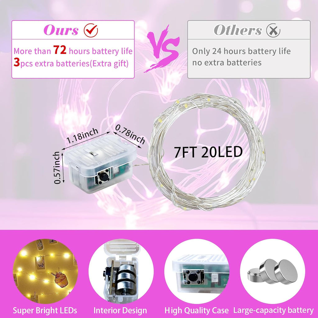 Skiennix 50 Pack Pink Fairy Lights - 7Ft 20 LED Twinkle String Lights | Battery Operated & Waterproof for Parties, Weddings, & Holidays