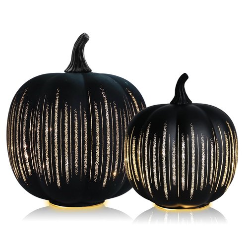 Halloween Glass Pumpkin Light up for Table Centerpiece Decorations Set of 2 Illuminated Starry Night Glass Pumpkins Twinkle LED Light up Fall Halloween Indoor Decoration for Home Black