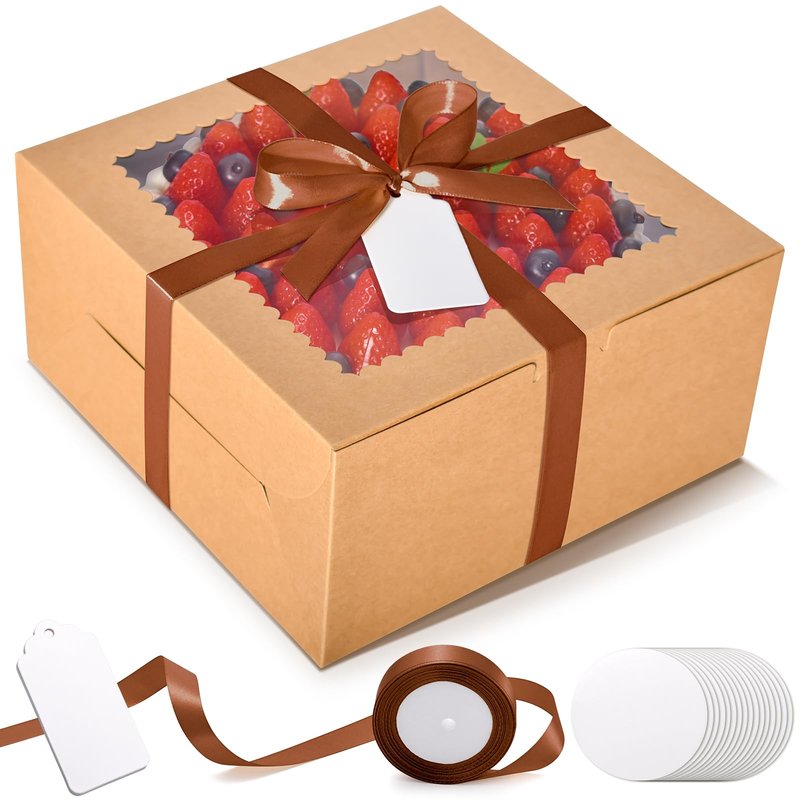 DOYIDE 32Pcs 10 Inch Cake Boxes with Cake Boards (16Pcs Brown Cake Boxes, 16Pcs Cake Boards), 10x10x5 Inch Bakery Boxes with Window, Cake Carrier Container for Birthday Party, Wedding