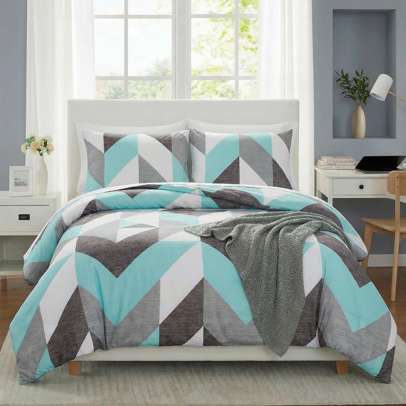 Bedbay Teal Comforter Set King Size Gray and Turquoise Bedding Set Modern Geometric Chevron Duvet Insert 3 Pcs Western Bedding Comforter Set Soft Lightweight Down Alternative Bed Set for All Season
