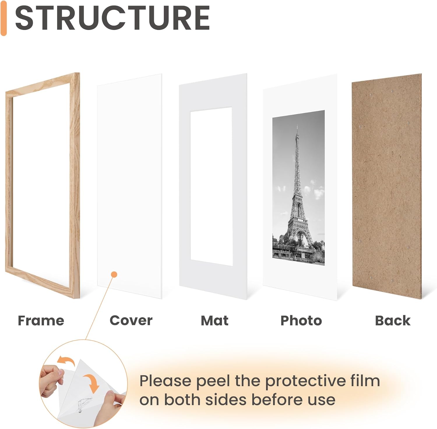 Upsimples 12x16 Picture Frame Set of 5 - Versatile Wall Gallery Frames for 8.5x11 or 12x16 Photos - Natural Finish