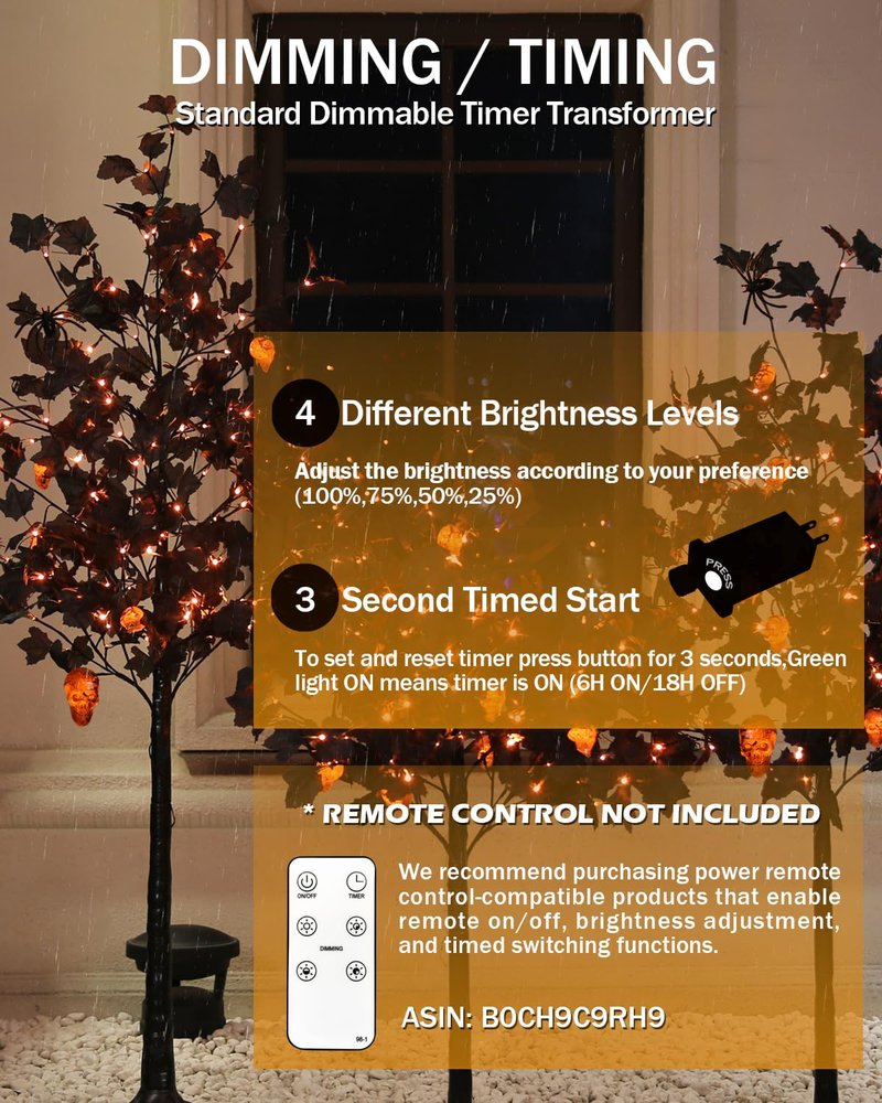 TYBEEU 6ft Black Maple Halloween Tree with LED Skull Lights & Spiders, 160 Bulbs, Dimmable Timer, 16ft Cord, Indoor & Outdoor Decor