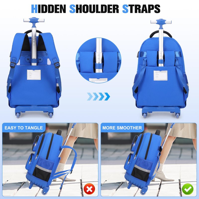 ACESAK Rolling Backpack for Boys - Roller Wheels School Bookbag with Lunch Bag & Pencil Pouch for Teen Boys Kids Wheeled Suitcase Backpacks, Elementary Middle School Travel Daypack (Blue)
