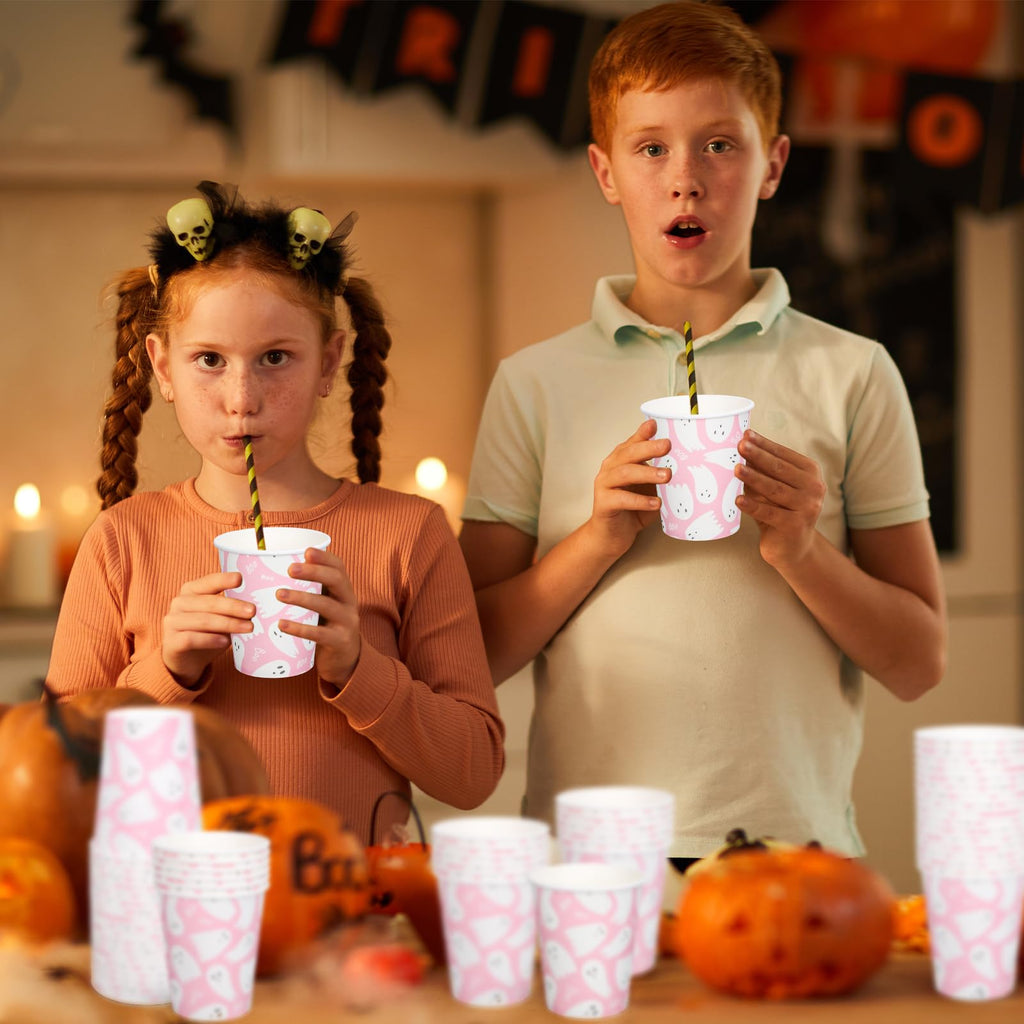 Whaline 50Pcs Halloween Ghost Paper Cups Cute Pink White Ghost Disposable Cups Halloween Party Cups for Cold Hot Coffee Drink Table Decor Supplies, 9 Oz