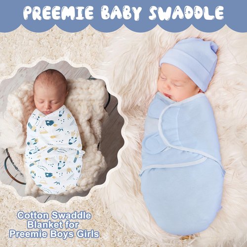 Newwiee 4 Pcs Preemie Baby Swaddle Wrap Adjustable Cotton Preemie Swaddle Blanket for Newborn Boys Girls(Bear Style,Fit for Preemies)
