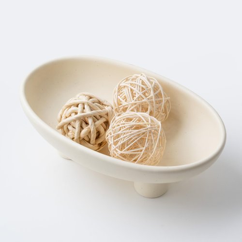 Relexome Three-Legs Ceramic Fruit Bowl for Kitchen Counter 10.24 Inch Modern Decorative Pedestal Bowl Oval Footed Serving Fruit Bowls Basket for Key Candy Breads Entryway Table Decor (Matte Crème)