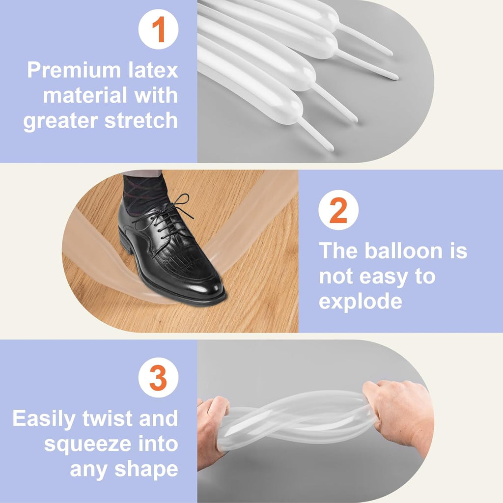 Skiennix 100 PCS White Balloons - Premium Long Skinny Latex for Twisting & Party Decor