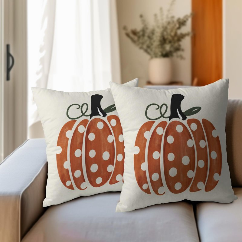 Fall Pumpkin Throw Pillow Cover 18x18 Inch Set of 2 Autumn Orange Pumpkin Outdoor Pillow Cases Polka Dot Beige Thanksgiving Farmhouse Square Cushion Covers for Sofa Couch Porch Patio Home Decor