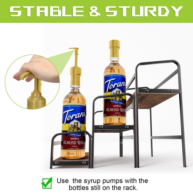 3-Tier Coffee Syrup Rack for Countertop, Large Capacity 12-Bottles Syrup Stand with Wood Shelf & Metal Frame for Coffee Bar, Premium Black Coffee Organizer Station/Wine Rack for Kitchen Storage
