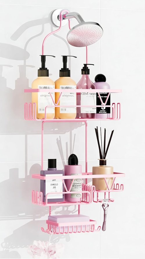 DAOYA Hanging Shower Caddy - Anti-Swing Organizer with 2 Soap Holders & Multi Hooks | Rustproof Pink Bathroom Accessory