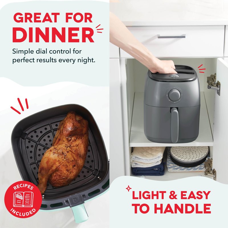 Dash Tasti-Crisp™ Air Fryer - AirCrisp® Technology - Compact Design with Adjustable Temperature Control - Nonstick Fry Basket & Auto Shut-Off Feature - 2.6 Quarts - Cool Grey