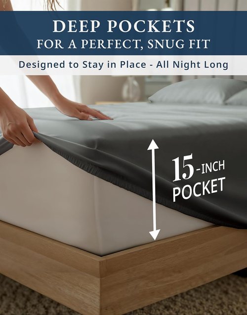 100% Egyptian Cotton King Sheet Set - Premium 1000 Thread Count, Naturally Cooling & Breathable, 15" Deep Pocket Fitted - Charcoal
