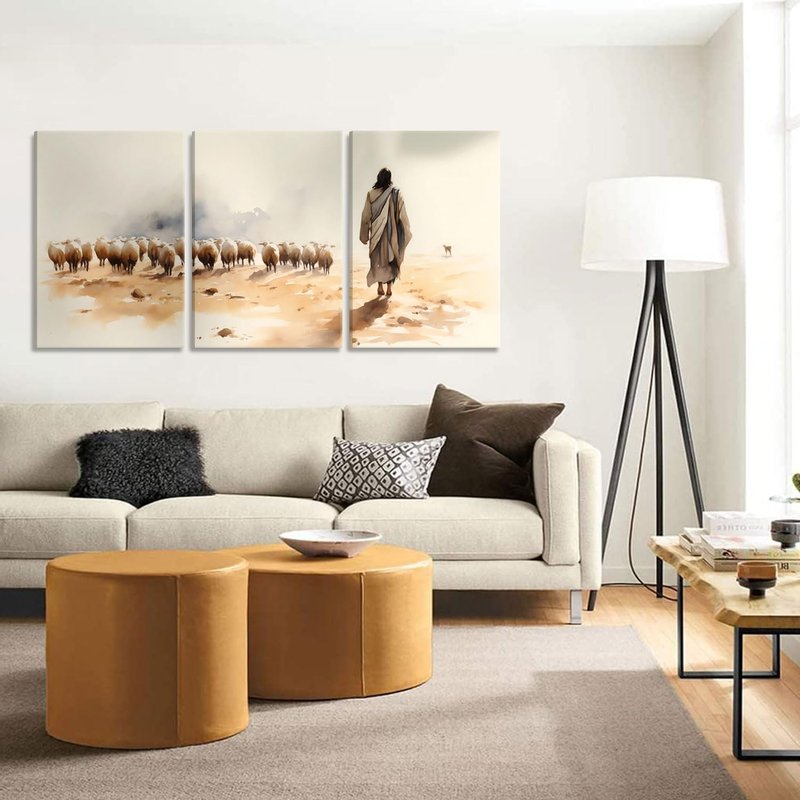 3Pcs Jesus And Lamb Canvas Wall Art Jesus Left 99 Lost Lambs Wall Decor Pictures Christian Spiritual Healing Posters Prints Paintings for Living Room Bedroom Church Prayer Room Artwork Home Decoration