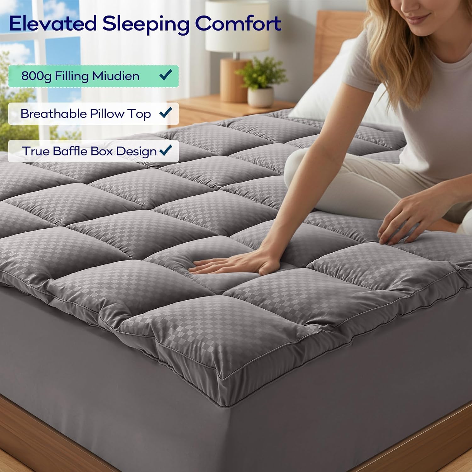 OLANLY Queen Size Memory Foam Mattress Topper - Dual-Layer 4 Inch Cooling Pillow Top & Gel Foam, Light Grey
