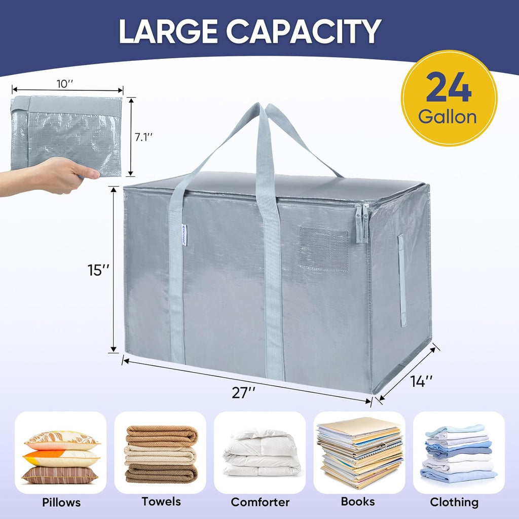 TICONN Extra Large Heavy-Duty Moving Bags - Durable Storage with Zippers & Handles | 2 Pack, Light Grey