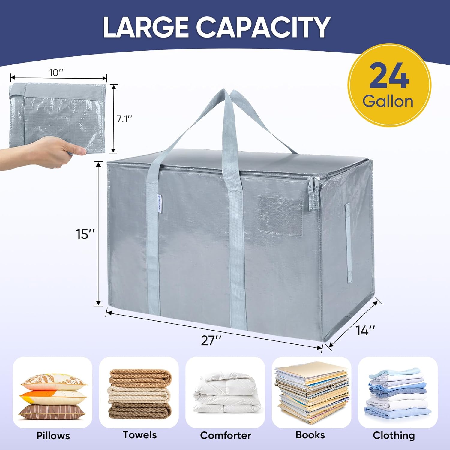 TICONN Extra Large Heavy-Duty Moving Bags - Durable Storage with Zippers & Handles | 2 Pack, Light Grey