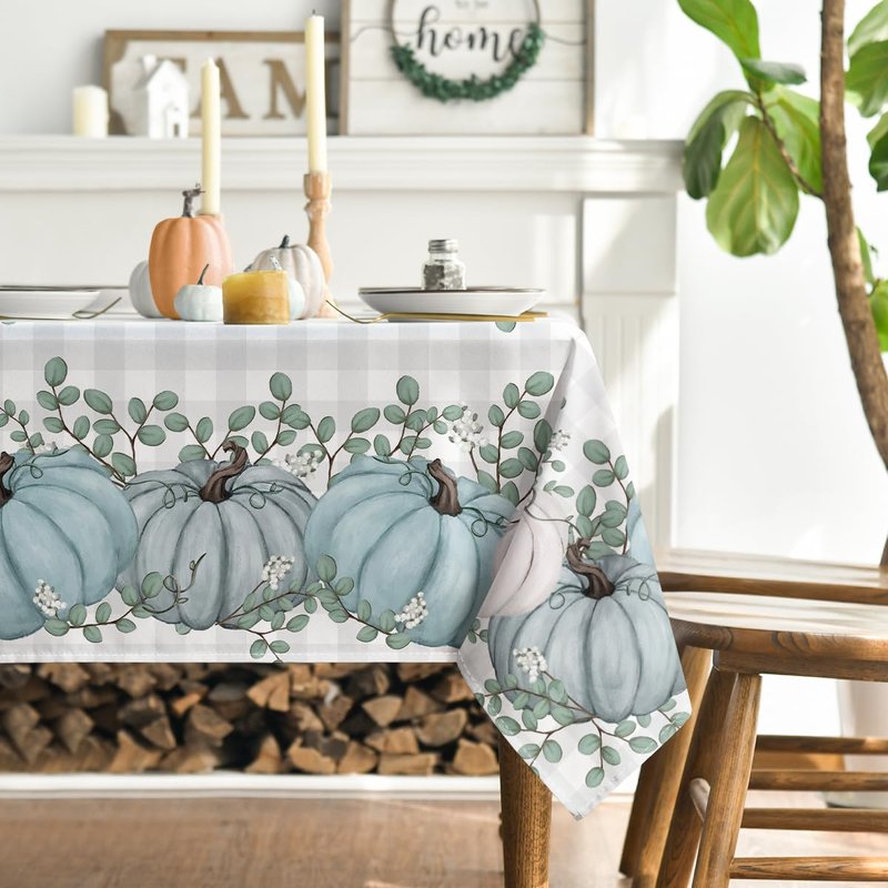 Horaldaily Fall Tablecloth 60x104 Inch Rectangular, Thanksgiving Autumn Harvest Blue Pumpkin Buffalo Plaid Table Cover for Party Picnic Dinner Decor