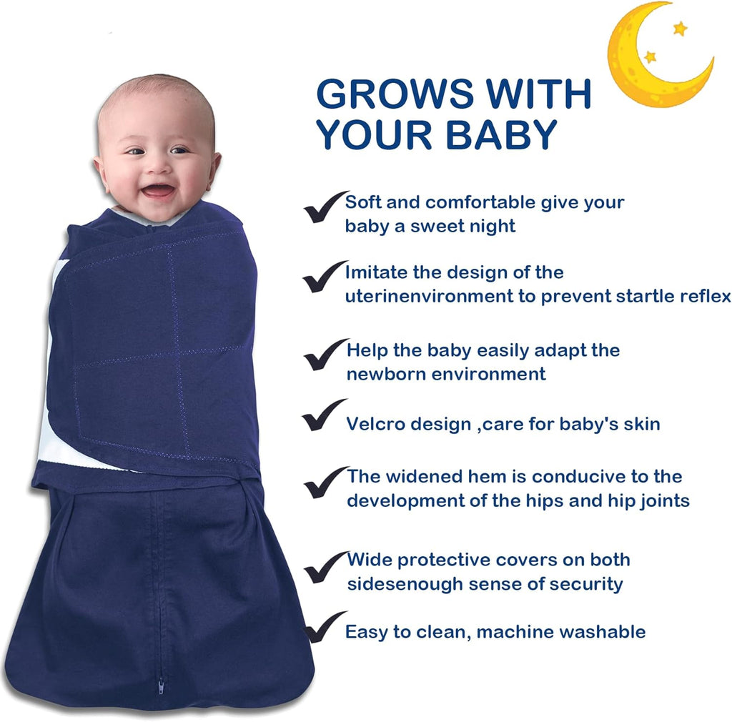 Skiennix Baby Sleep Sack Swaddle - 3-Way Adjustable Organic Cotton Blanket | 2 Pack, 3-6 Months, 12-18 lbs, 1.0 TOG (Cyan & Navy Blue)