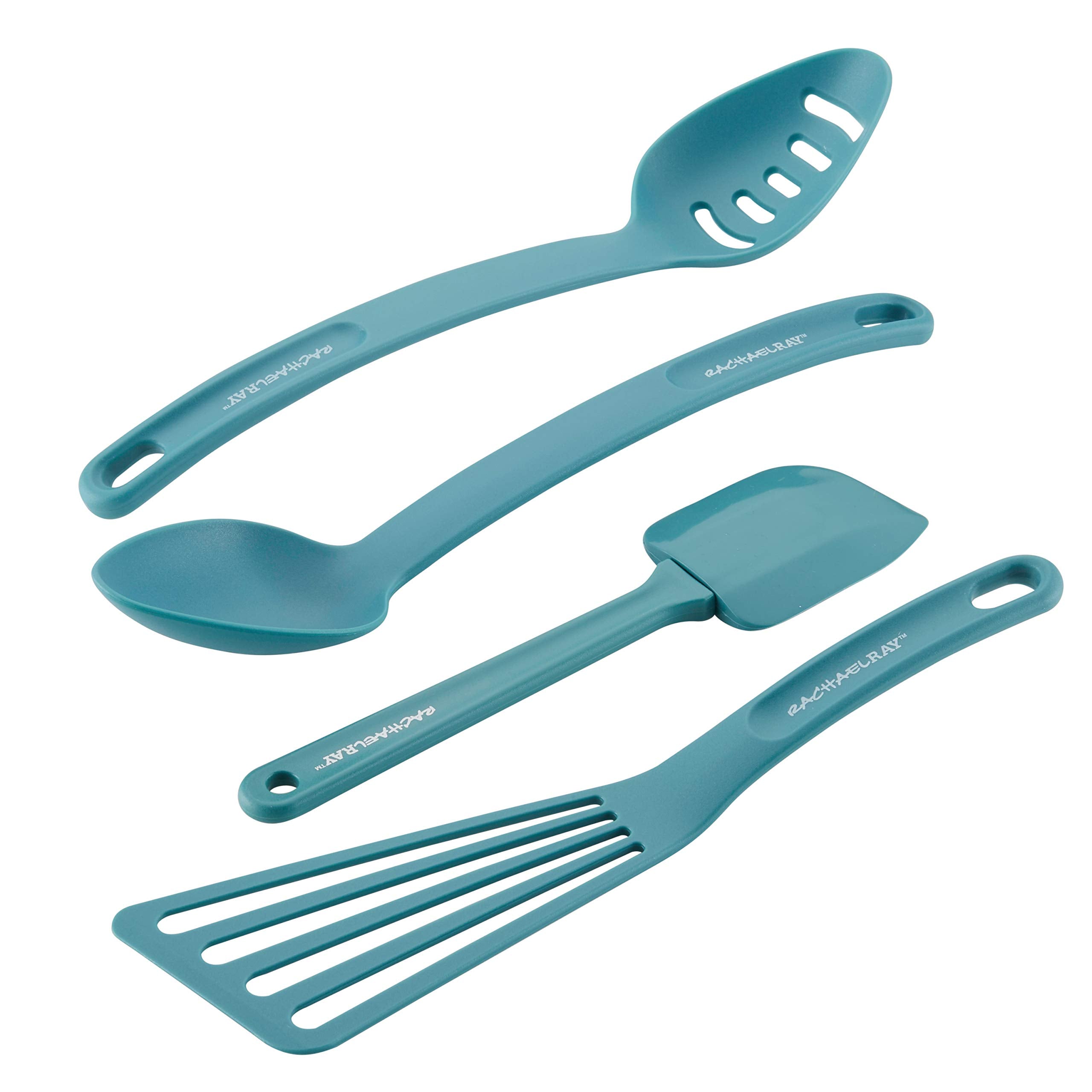 Rachael Ray 46179 Cucina Nonstick Bakeware Set with Grips - 5 Piece, Latte Brown & Cucina Nylon Nonstick Utensils/Fish Turner, Spatula, Solid and Slotted Spoons, 4 Piece, Agave Blue