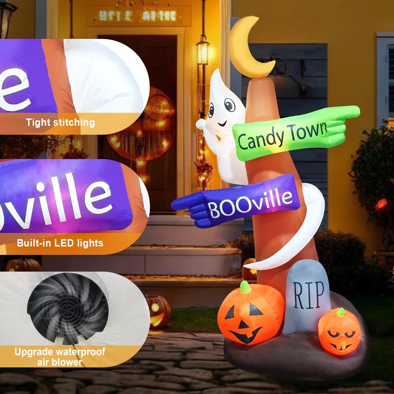 8 Feet Halloween Decoration Dead Tree Road Sign with Flying Ghost Pumpkins RIP Blow Up Lighted Outdoor Spooky Tombstone for Holiday Party Indoor Outside Yard Lawn Garden Decor