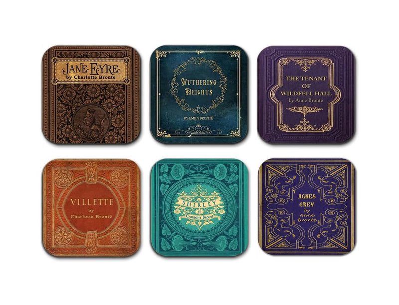 Bronte Sisters Literary Coasters, 6-Piece Set Featuring Classic Book Covers. Jane Eyre, Villette, Wuthering Heights, The Tenant of Wildfell Hall, Shirley, Agnes Grey.