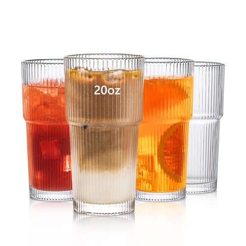 INSETLAN 20oz Ribbed Glass Tumbler Set of 4 – Large Capacity Drinking Glasses for Iced Coffee, Water, Juice, and Cocktails – Elegant Modern Glassware for Everyday Use and Special Occasions