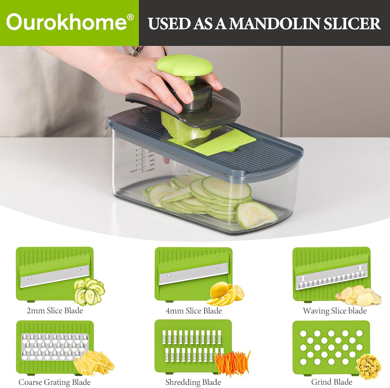 Ourokhome Manual Food Chopper & Mandolin Slicer - 8 Blades for Versatile Vegetable Dicing | Gray