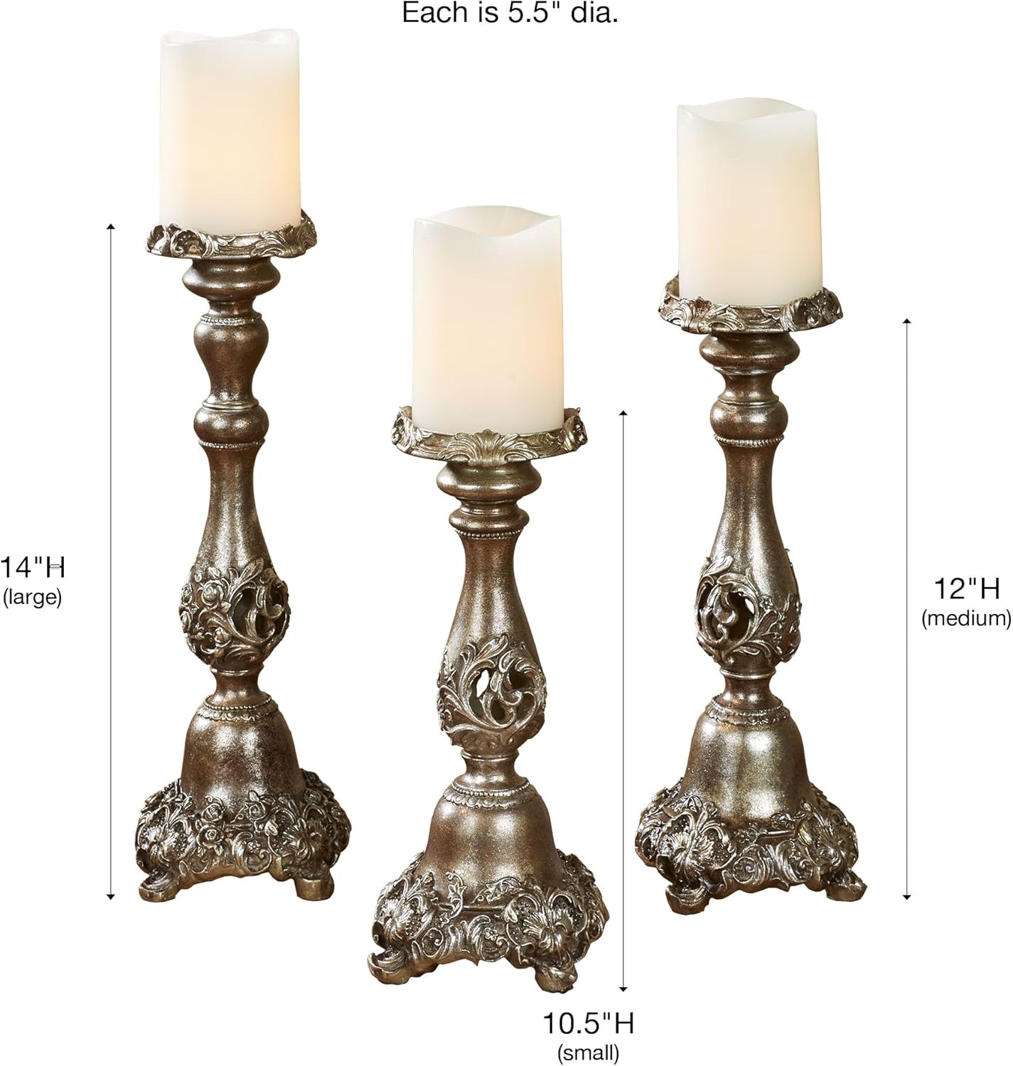Touch of Class Victoria Acanthus Leaf Candleholders Set of 3 - Metallic Bronze & Silver Resin Candlesticks for Elegant Home Décor