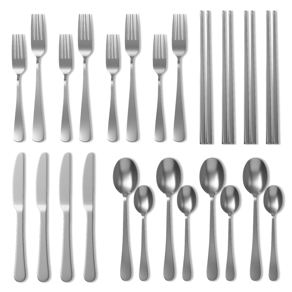 Homwoody Upgraded 18/8 Stainless Steel 28-Piece Flatware Cutlery Set(Silver)-Silverware set for 4-Luxurious Home Kitchen Dinnerware Sets-Great Kitchen Accessories-Perfect House Warming/Christmas Gift