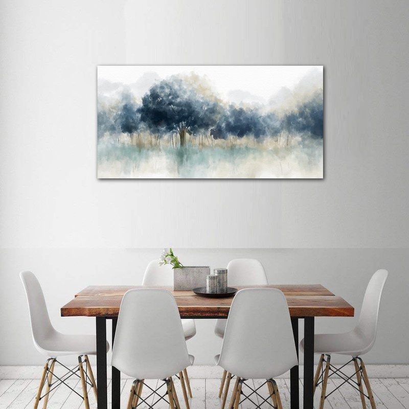yearainn Foggy Forest Canvas Wall Art - Indigo Blue Abstract Trees Pictures for Wall Decor Nature Canvas Painting Modern Printing Artwork for Living Room Bedroom Home Office Wall Decoration 24" x 48"