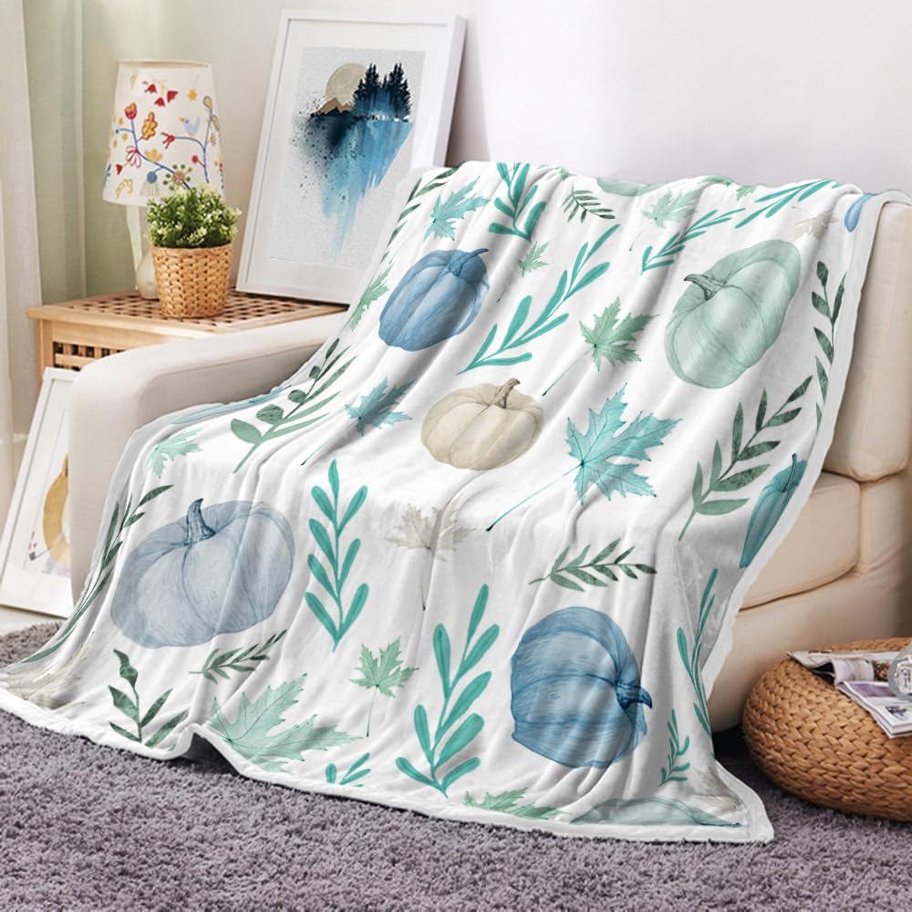 DYNH Fall Throw Blanket,Pumpkin Throw Blankets,Thamksgiving Fall Autumn Blue Orange White Teal Pumpkins and Leaves Cozy Soft Fleece Fuzzy Throw Blankets for Bed Couch Sofa Chairs