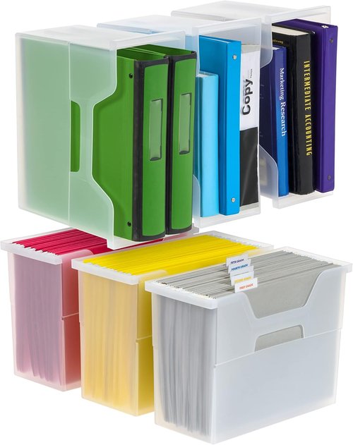 IRIS USA Medium Portable Desktop File Box - Open Lid Design with Side Handles | 6 Pack for Letter Size Documents, Clear