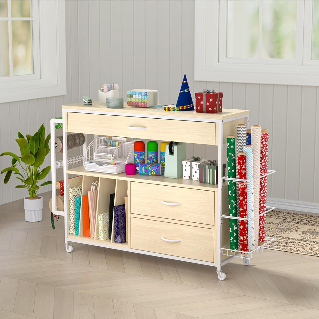 Skiennix Wrapping Paper Organizer - Craft Cart with Ribbon & Gift Bag Storage | Oak Finish, 3 Drawers