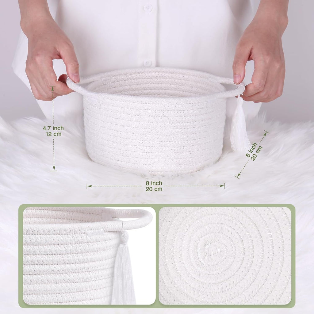 SweetMemo Small White Gift Basket - Decorative Woven Basket for Kids & Baby Showers | Mini Cotton Rope Bin with Handles