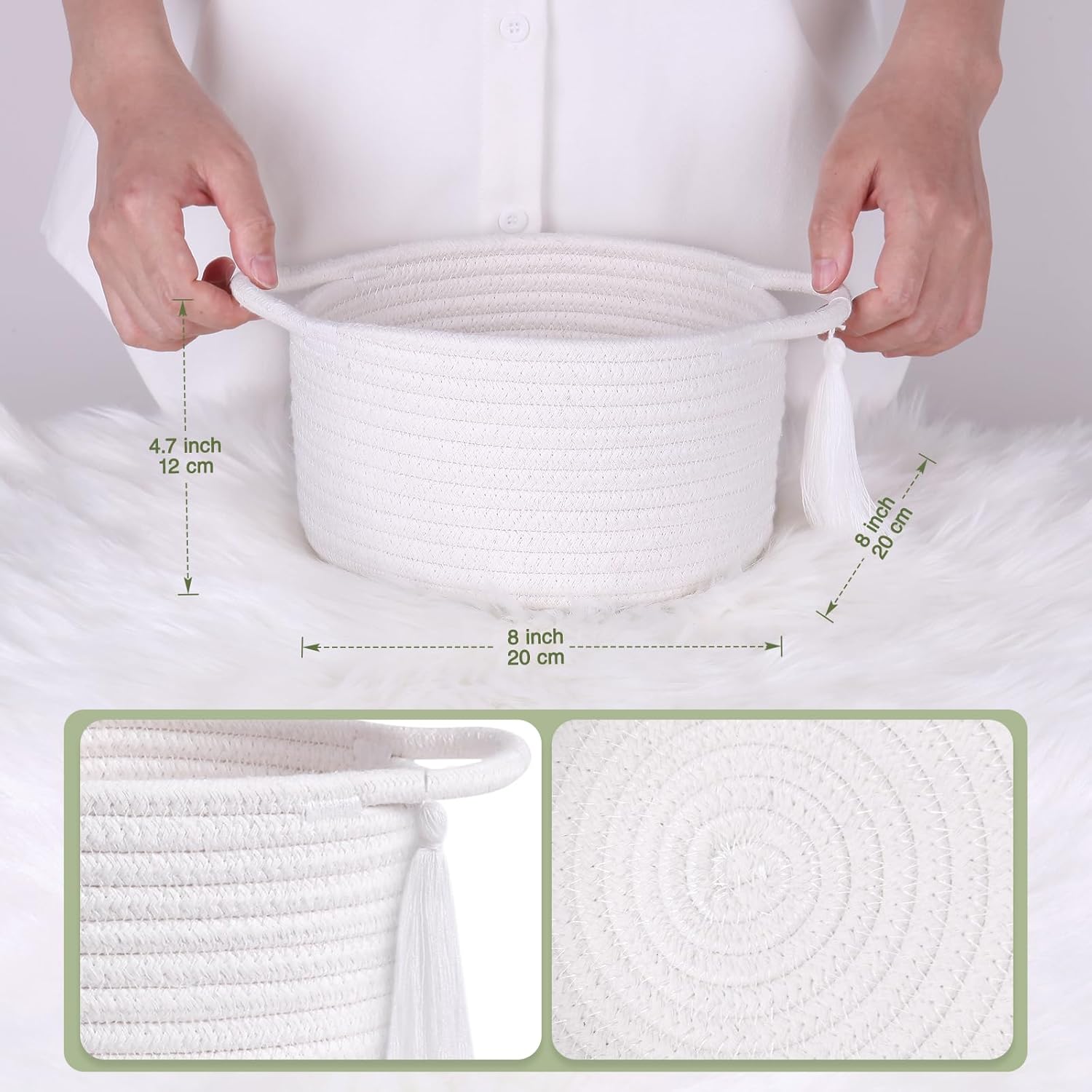 SweetMemo Small White Gift Basket - Decorative Woven Basket for Kids & Baby Showers | Mini Cotton Rope Bin with Handles