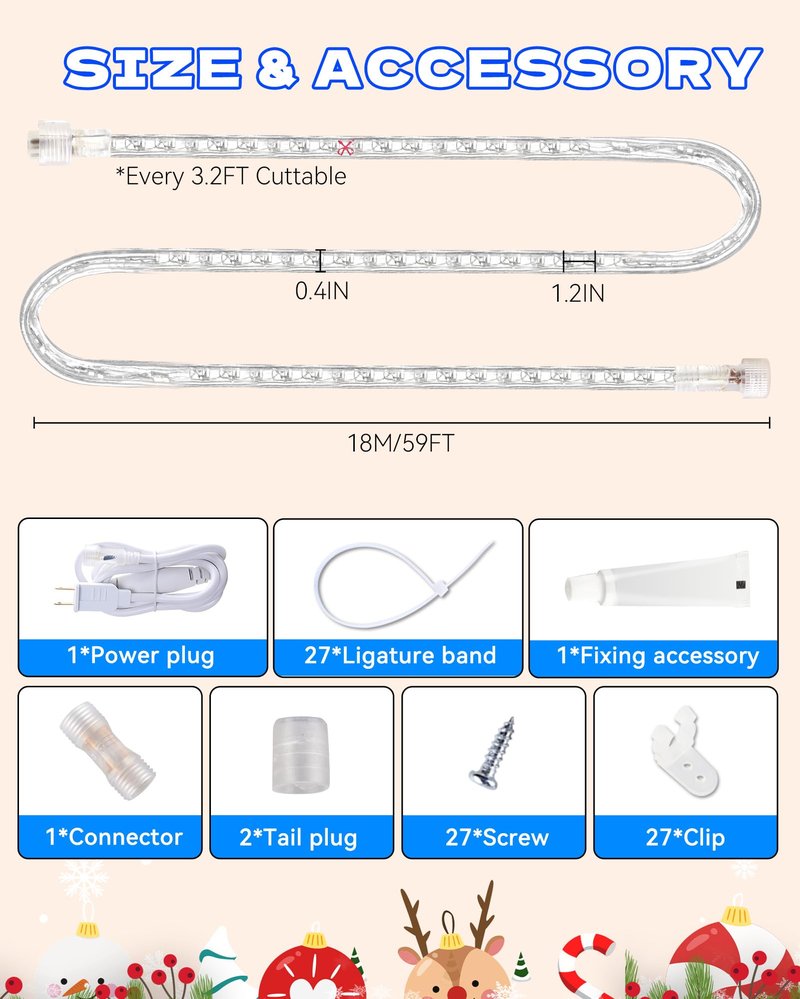 59ft LED Rope Light, Cuttable Waterproof Indoor Outdoor Clear Tube Light Plug in, 648 Daylight White LEDs 110V 6000K Flexible Connectable for Christmas Patio Outside Balcony Garden Bedroom Trees Decor