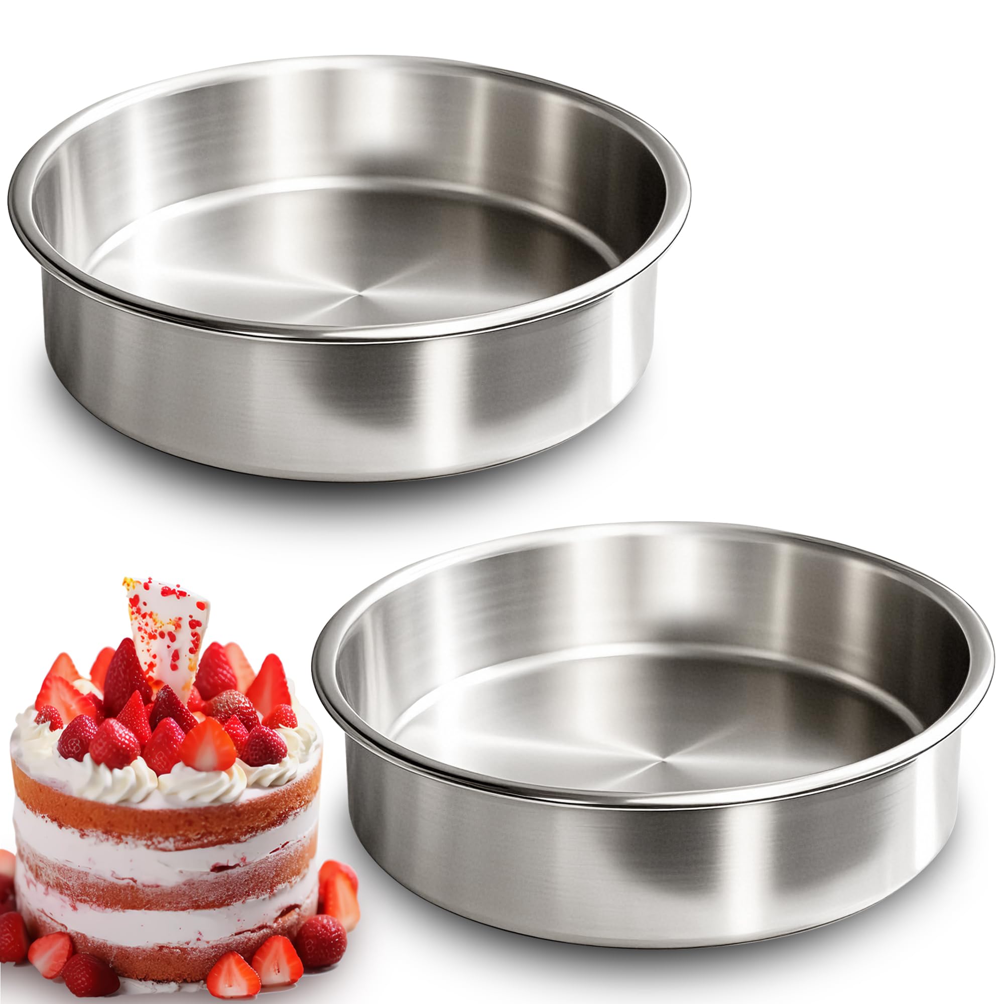 Fcgbdbz 8 Inch Cake Pan Set of 2, Stainless Steel Baking Pan Round Cake Mold for Layered Cakes, No Coating Smash Cake Pans Cake Mold, Mirror Finish Dishwasher Safe Cake Pans Sets for Baking