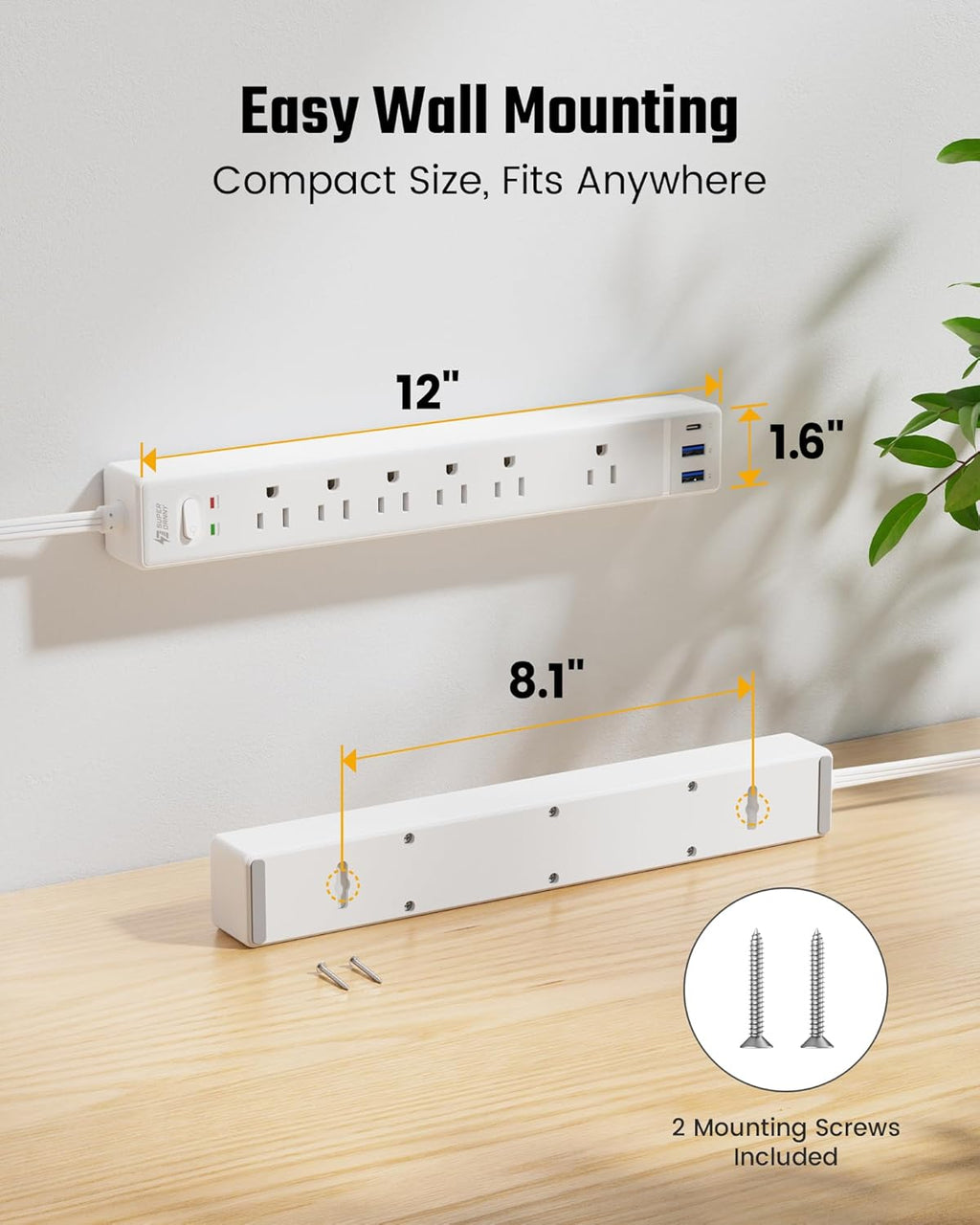 SUPERDANNY 10Ft Extension Cord - Flat Plug Surge Protector with 6 Outlets & 3 USB Ports | Ideal for Home Office & Dorm Room Essentials