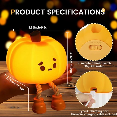 YR YRHH-PET Sad Pumpkin Night Light, Cute Halloween Decor, LED Squishy Light With Feet, Dimmable Light Up for Kids Sleep, Silicone Rechargeable Bedside Touch Lamp, Dorm Room Funny Lamp